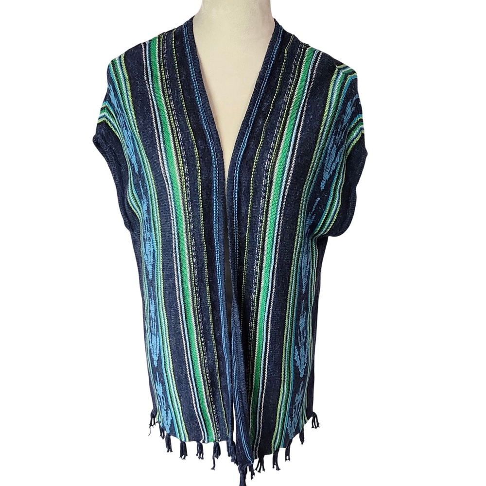 Chaps Striped Knit Wrap Vest Small Navy Green Boho Southwest Sleeveless‎ Duster